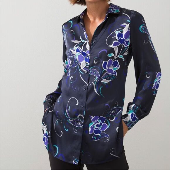 Chico’s Floral Button Front Tunic Top - Size Large - Picture 1 of 14